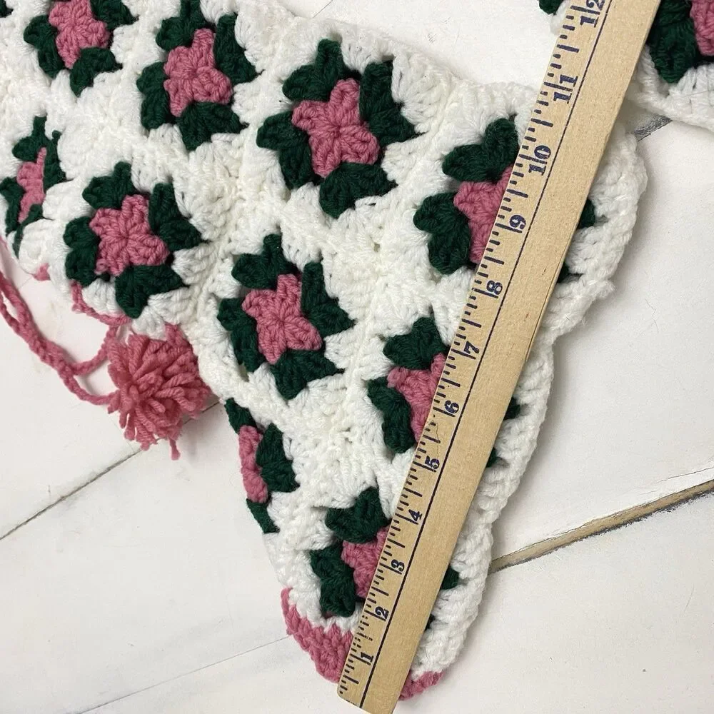 Vtg Handmade Lot of 3 Crochet Granny Square Christmas Stockings Green Pink White